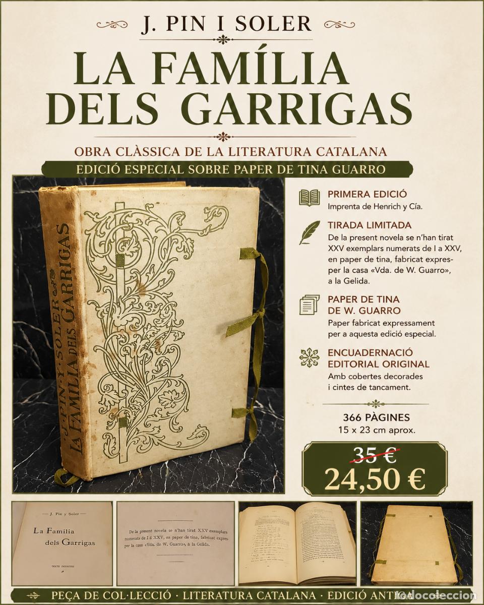 Libros de segunda mano: LA FAM&Iacute;LIA DELS GARRIGAS | J. PIN I SOLER | 1&ordf; EDICI&Oacute;N | PAPEL DE TINA GUARRO