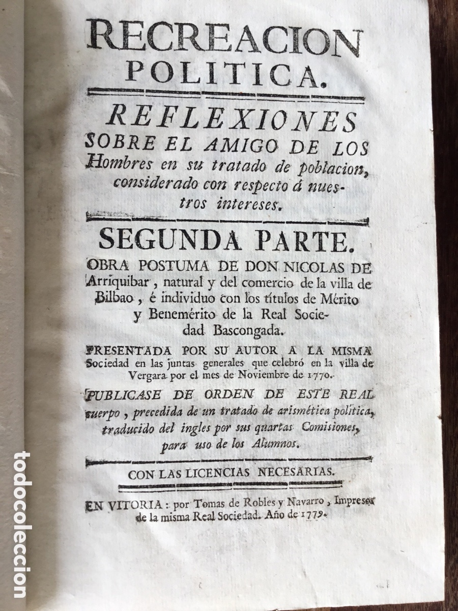 Libros: Nicolas de Arriquibar. Recreaci&oacute;n politica. Segunda parte. Vitoria 1779
