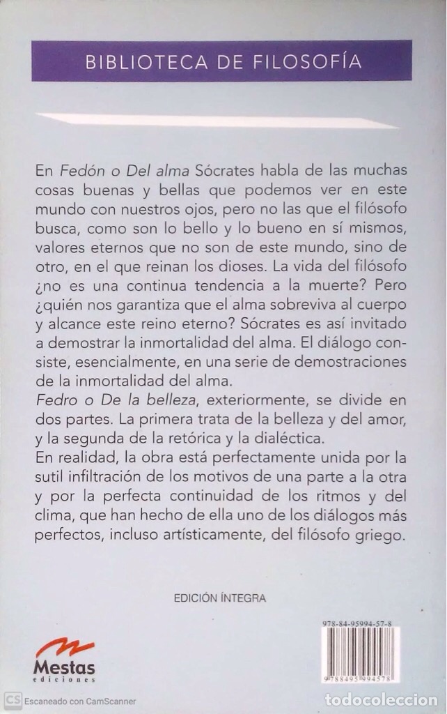 Libros: Fed&oacute;n/Fedro.Plat&oacute;n.Ediciones Mestas.2010. - Foto 2