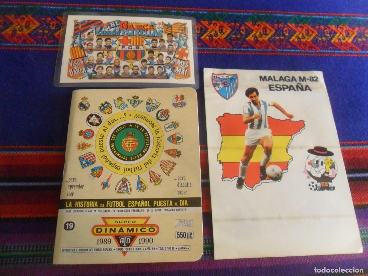 Coleccionismo deportivo: SUPER DIN&Aacute;MICO 1989 1990 Y PEGATINA CD M&Aacute;LAGA MUNDIAL ESPA&Ntilde;A 82. REGALO CALENDARIO 1998 FC BARCELONA