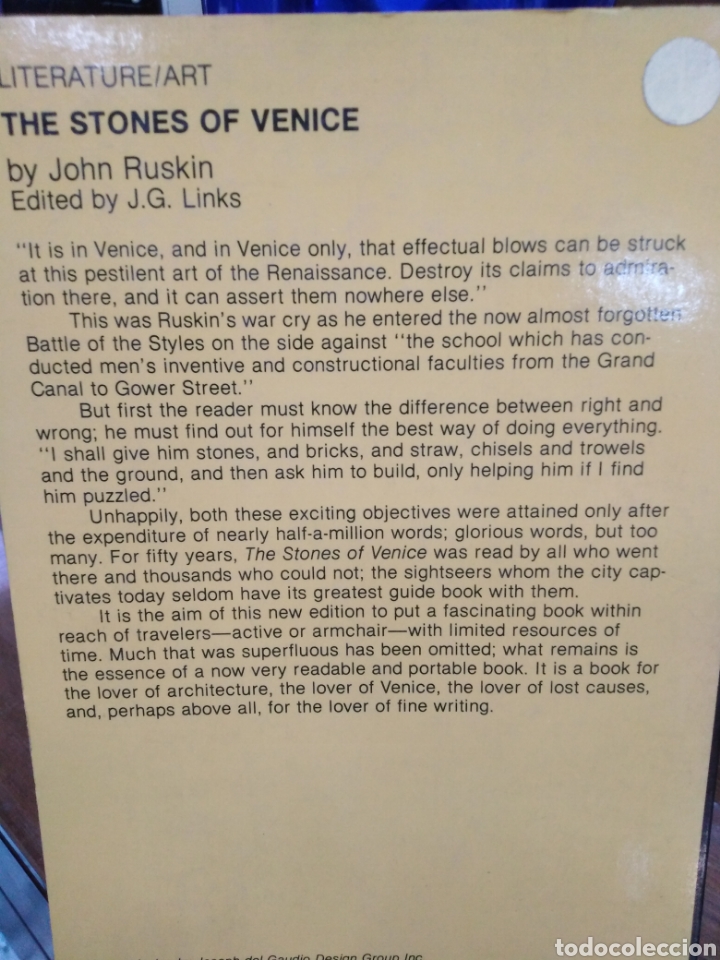 Libros: THE STONES OF VENICE BY JOHN RUSKIN-EDITA A DA CAPO-EN INGLES- - Foto 3 - 237875670
