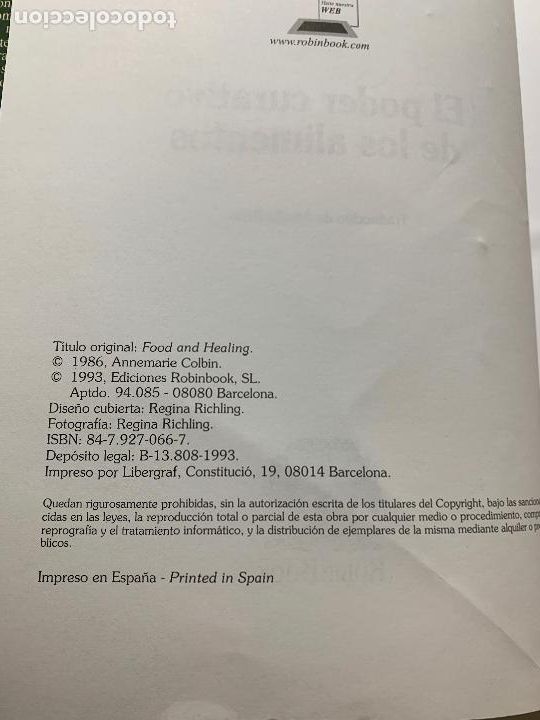 Libros: EL PODER CURATIVO DE LOS ALIMENTOS. ANNEMARIE COLBIN. EDICIONES ROBIN BOOK 1993 - Foto 3