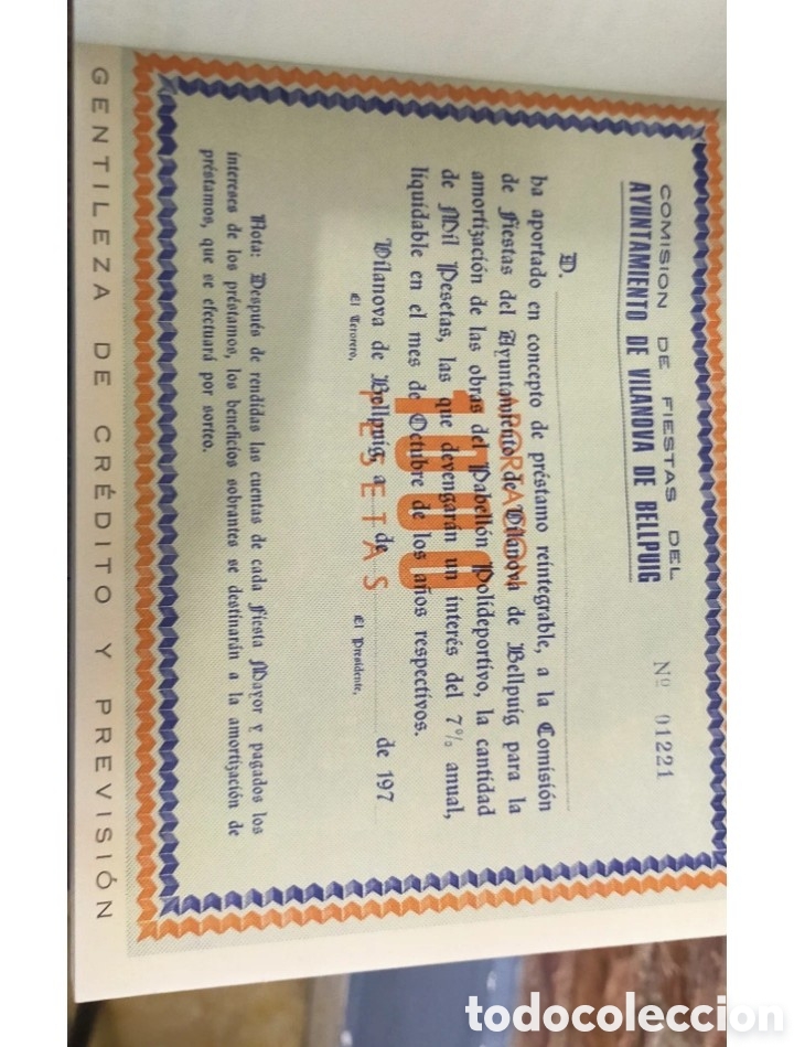 Libros: LIBRO VALES DE PR&Eacute;STAMO REINTEGRABLE, 1000 PTAS, AYUNTAMIENTO VILANOVA DE BELLPUIG A&Ntilde;O 1970