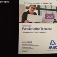 Libros: OPOSICIONES,COMUNIDAD AUTONOMA DE ARAGON,CUERPO DE FUNCIONARIOS TECNICOS TEMARIO MATERIAS COMU,2020,. Lote 317916083