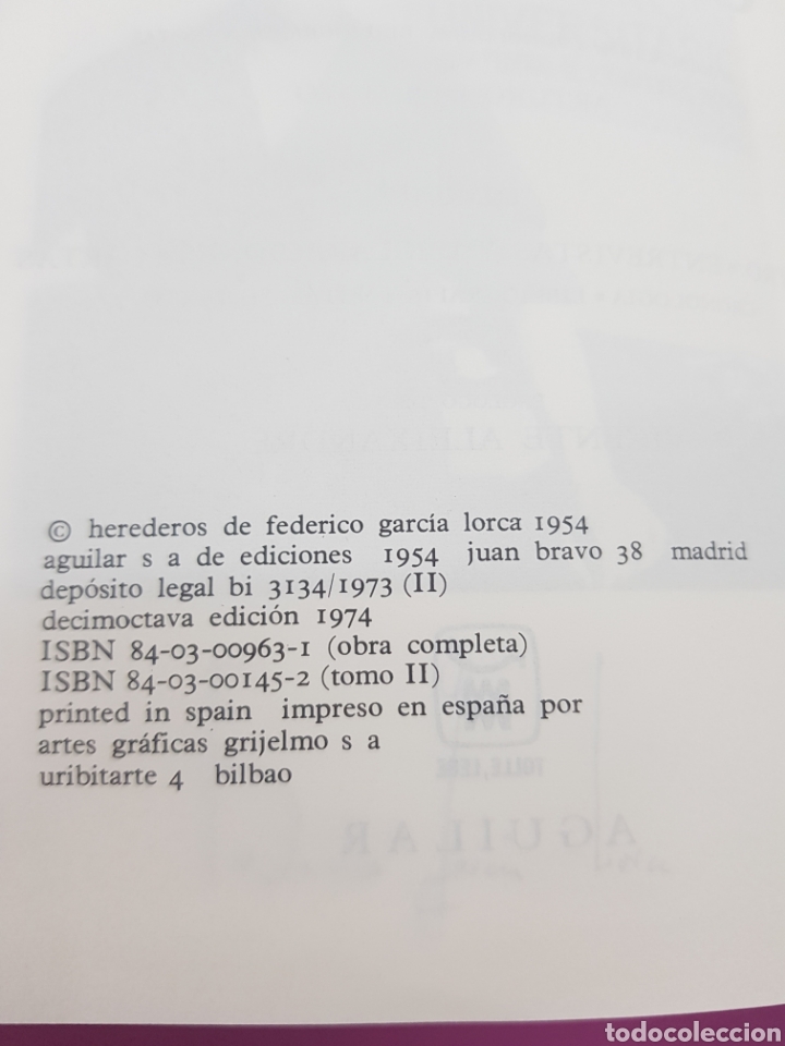 Libros: Garcia Lorca , Obras completas, Aguilar ,.Colección Cincuentenario 1973 y 74 - Foto 4 - 291208678