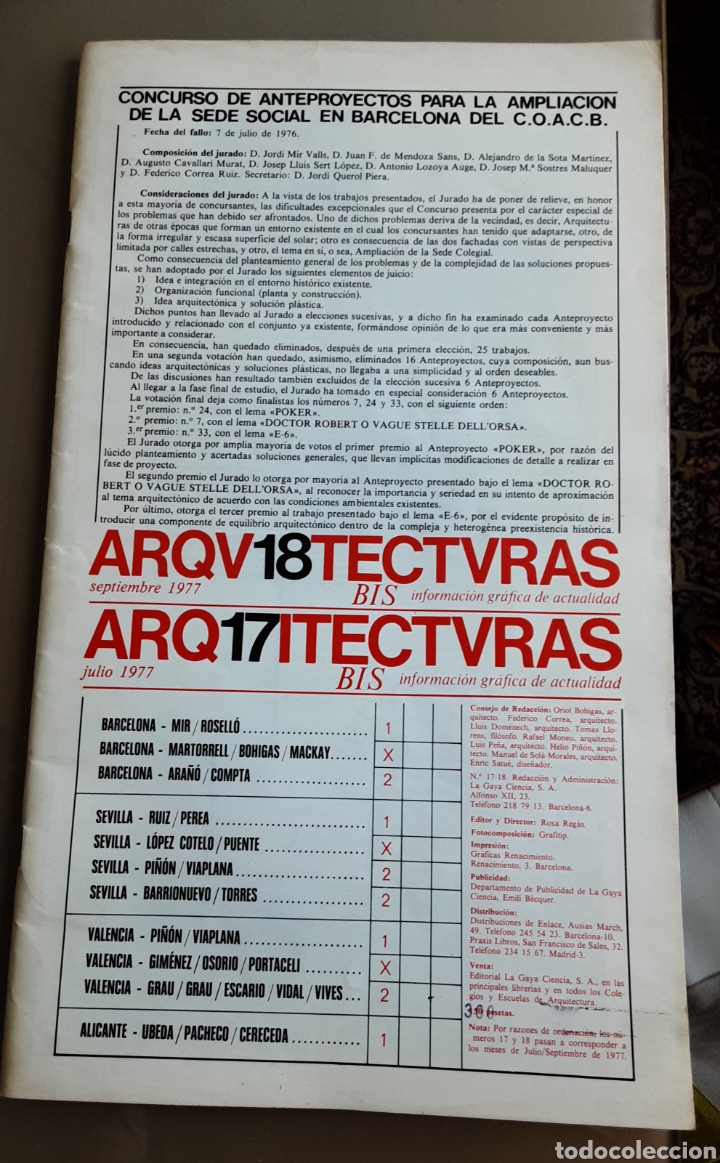 Gebrauchte B&uuml;cher: ARQUITECTURAS BIS N&Uacute;MEROS 17 Y 18 JULIO Y SEPTIEMBRE1977. CONCURSO DE ANTEPROYECTOS C.O.A.C.B.
