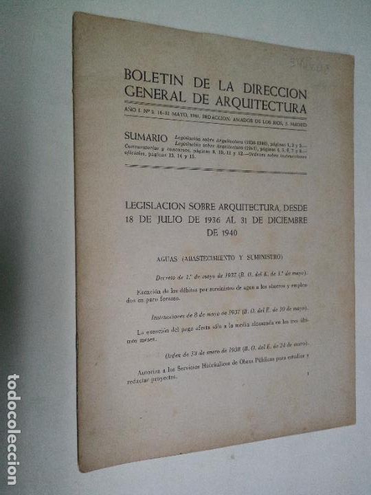 Livros em segunda m&atilde;o: BOLETIN DE LA DIRECCION GENERAL DE ARQUITECTURA. A&Ntilde;O 1, N&ordm;2. MAYO 1941. LEGISLACI&Oacute;N SOBRE ARQUITEC