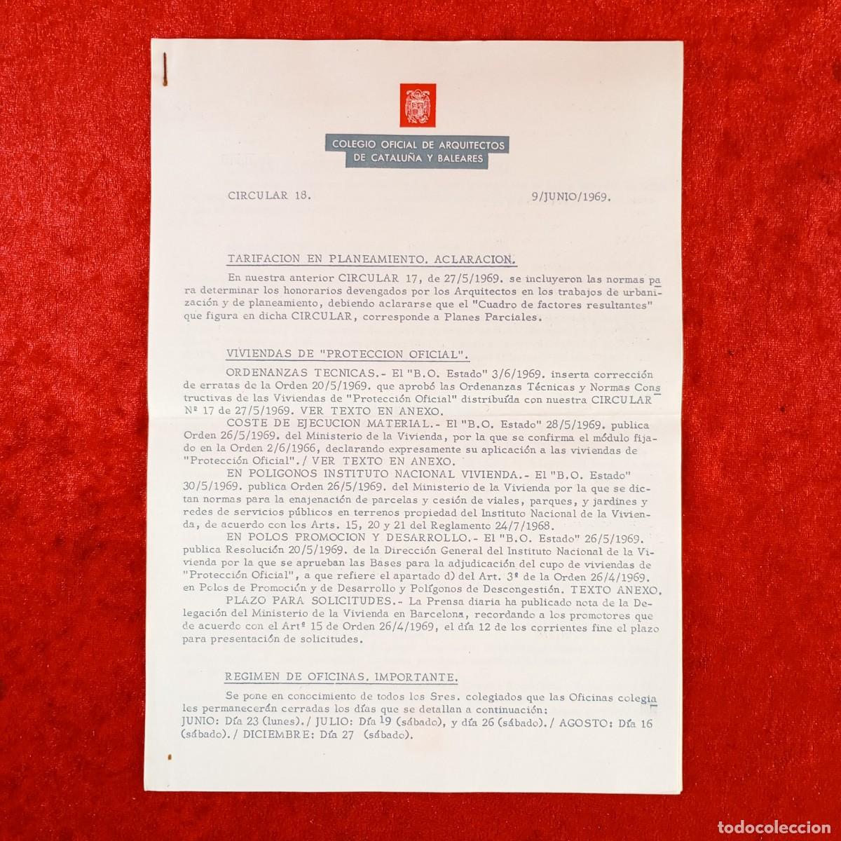 Libros de segunda mano: COLEGIO OFICIAL DE ARQUITECTOS DE CATALU&Ntilde;A Y BALEARES - CIRCULAR 18 - 9 JUNIO 1969 / 575