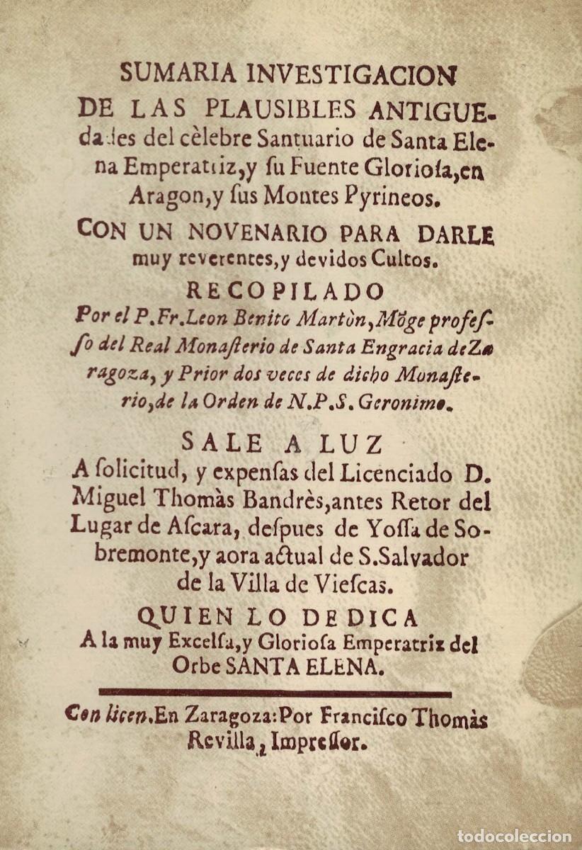 Libros de segunda mano: Sumaria Investigacion de las plausibles antiguedades del c&egrave;lebre Santuario de Santa Elena Emperatriz