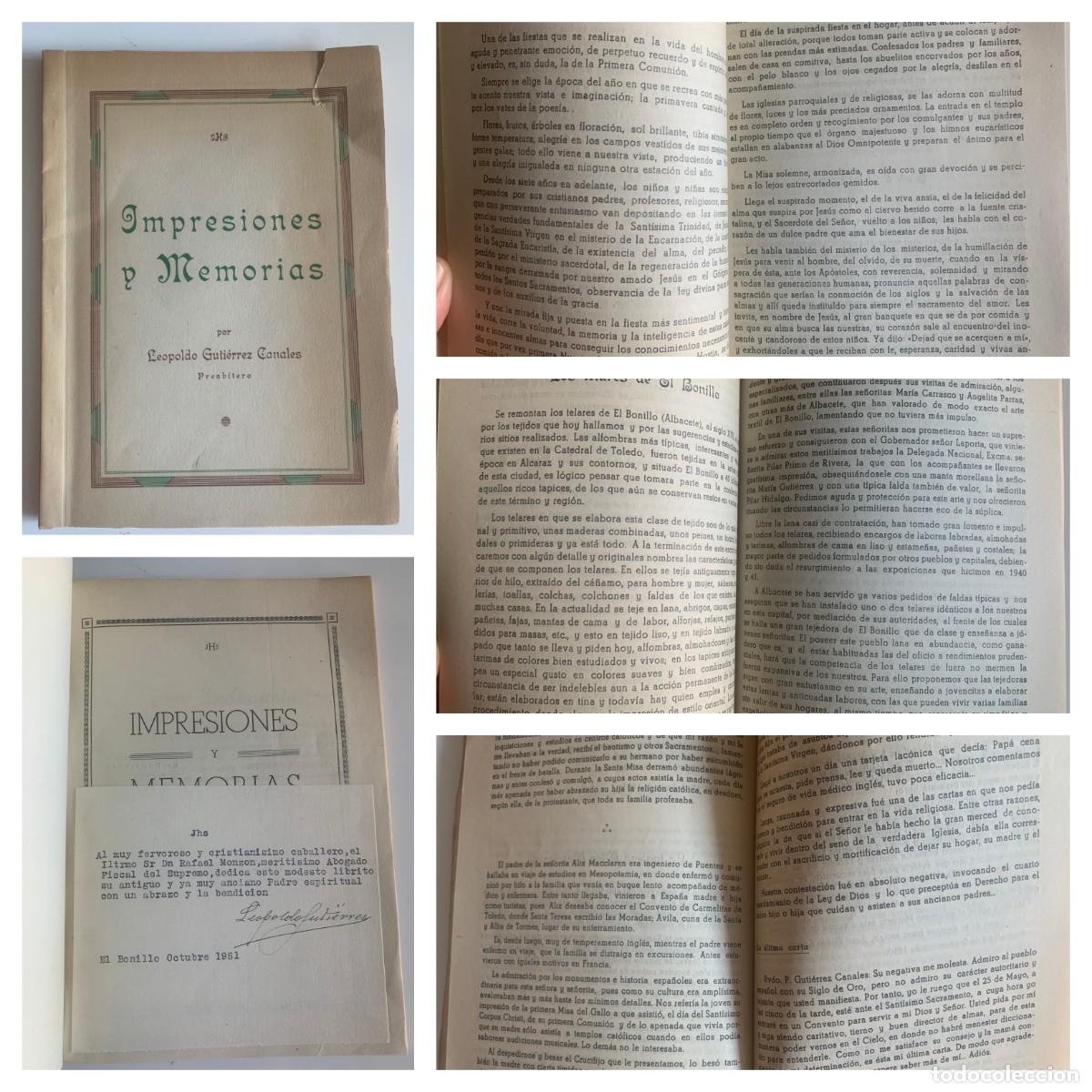 Libri di seconda mano: EL BONILLO. ''IMPRESIONES Y MEMORIAS'' LEOPOLDO GUTIERREZ CANALES, PREBISTERO. 1951 U16