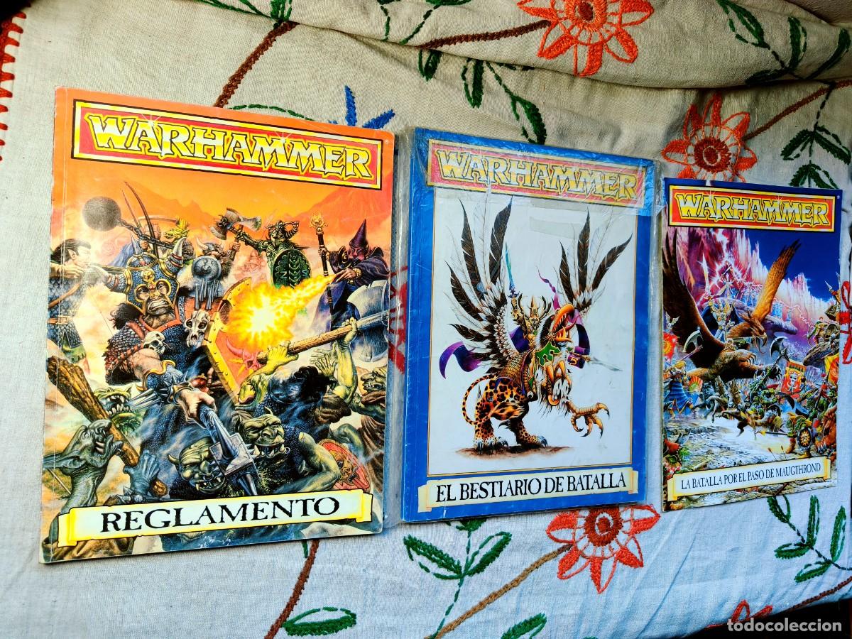 Libros de segunda mano: Reglamento Warhammer, Bestiario de Batalla y Batalla Maugthrond. Games Workshop