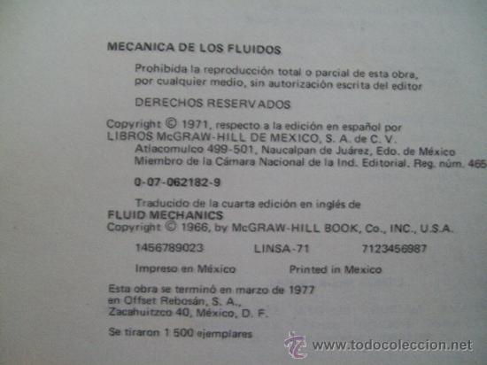 Libros de segunda mano de ciencias: LIBRO: MEC&Aacute;NICA DE LOS FLU&Iacute;DOS (MCGRAW-HILL, 1971) - Foto 3