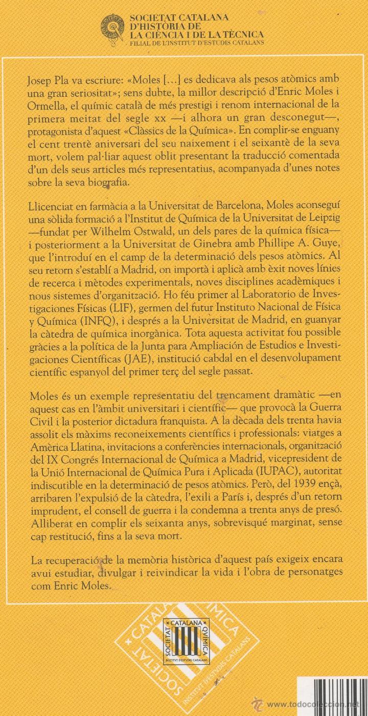 Libros de segunda mano de ciencias: DETERMINACI&Oacute; DE PESOS MOLECULARS DE GASOS &middot; ENRIC MOLES &middot; CL&Agrave;SSICS DE LA QU&Iacute;MICA - Foto 2