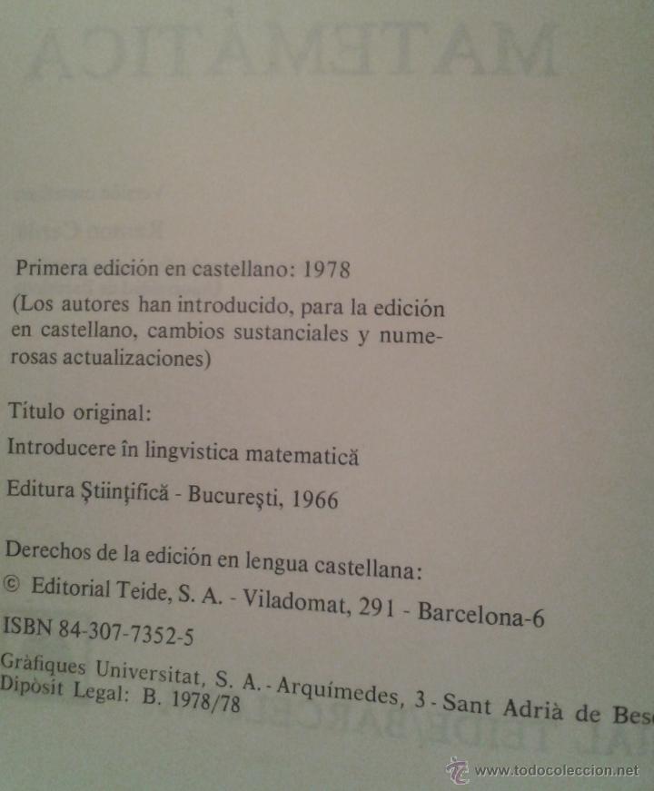 Libros de segunda mano de ciencias: INTRODUCCION EN LA LINGUISTICA MATEMATICA-MARCUS-NICOLAU-STATI -TEIDE-1&ordf; EDICION - Foto 3