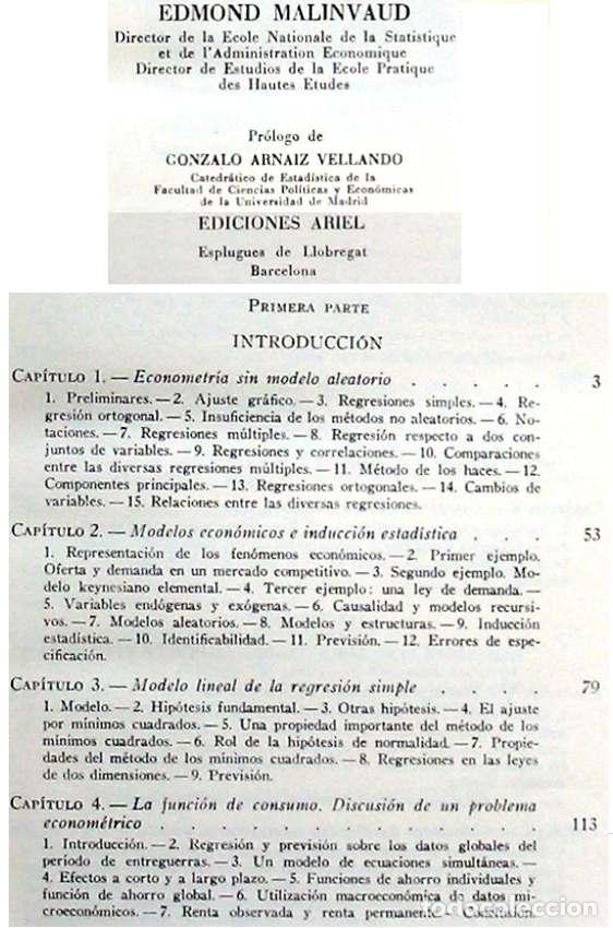 Libros de segunda mano de ciencias: M&Eacute;TODOS ESTAD&Iacute;STICOS DE LA ECONOMETRIA - E. MALINVAUD - ED. ARIEL 1967 - VER INDICE - Foto 3