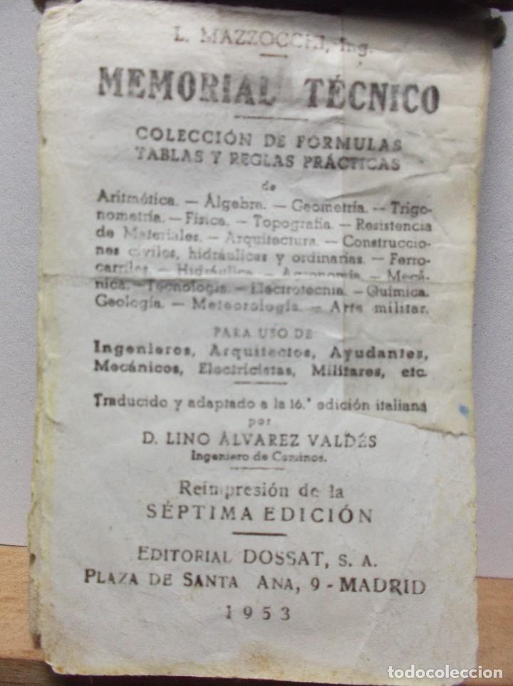 Libros de segunda mano de ciencias: MEMORIAL TECNICO. L. MAZZOCCHI, Ing. 1953. - Foto 2