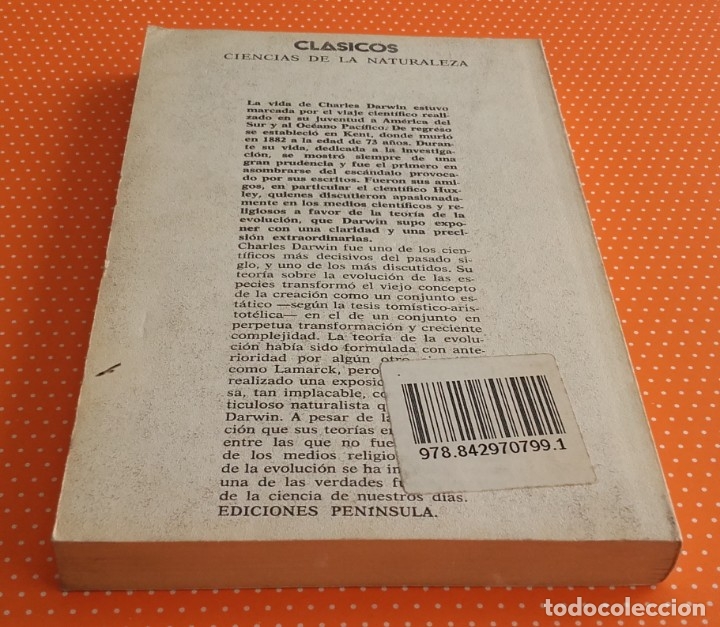 Libros de segunda mano: TEOR&Iacute;A DE LA EVOLUCI&Oacute;N. Charles Darwin. Pen&iacute;nsula. 1975. 252 p&aacute;ginas. - Foto 3