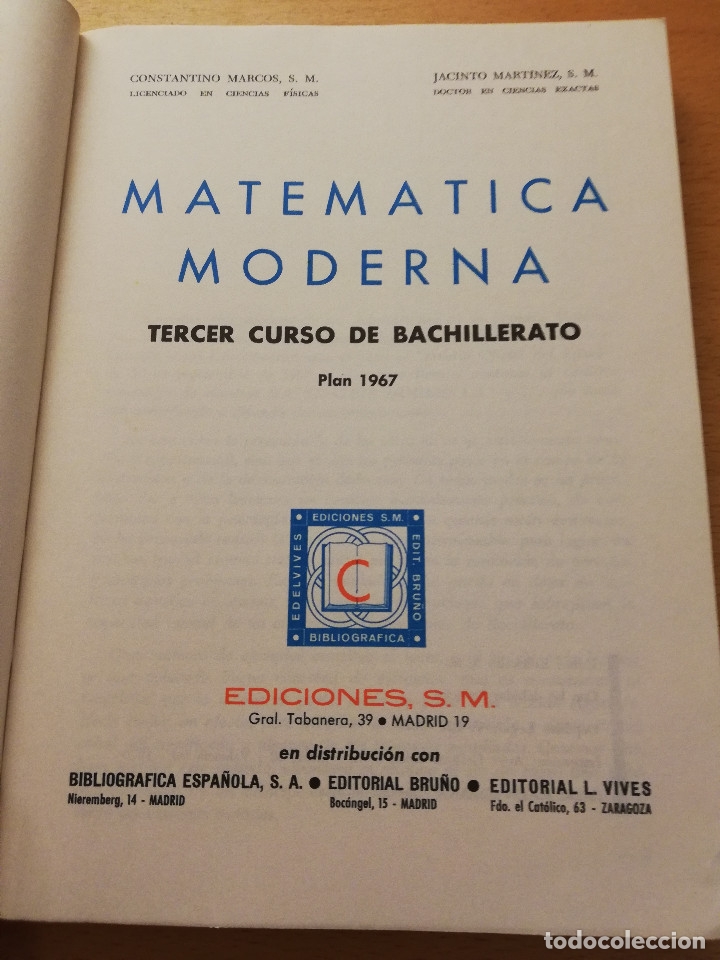 Libros de segunda mano de ciencias: MATEM&Aacute;TICA MODERNA 3&ordm; (C. MARCOS / J. MART&Iacute;NEZ) - Foto 3