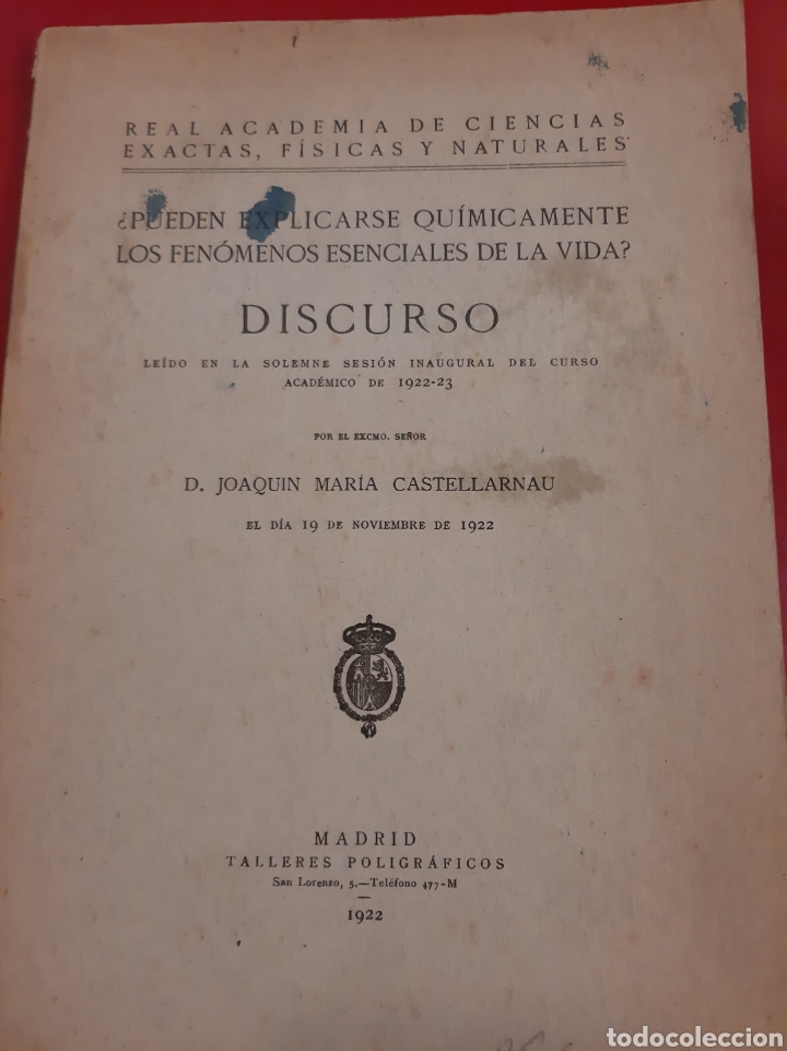 Second hand books of Sciences: 1992 discurso academia fisicas naturales fen&oacute;menos de la vida .D. Joaqu&iacute;n Marua Castellarnau .
