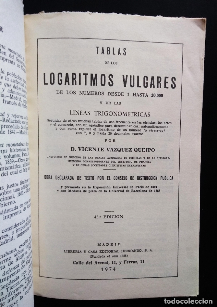 Libros de segunda mano de ciencias: TABLAS DE LOS LOGARITMOS VULGARES | VICENTE V&Aacute;ZQUEZ | HERNANDO 1974 - Foto 3