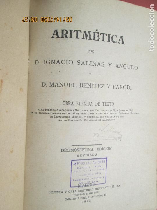 Libros de segunda mano de ciencias: ARITM&Eacute;TICA - SALINAS Y BENITEZ - HERNANDO MADRID 1943. - Foto 3