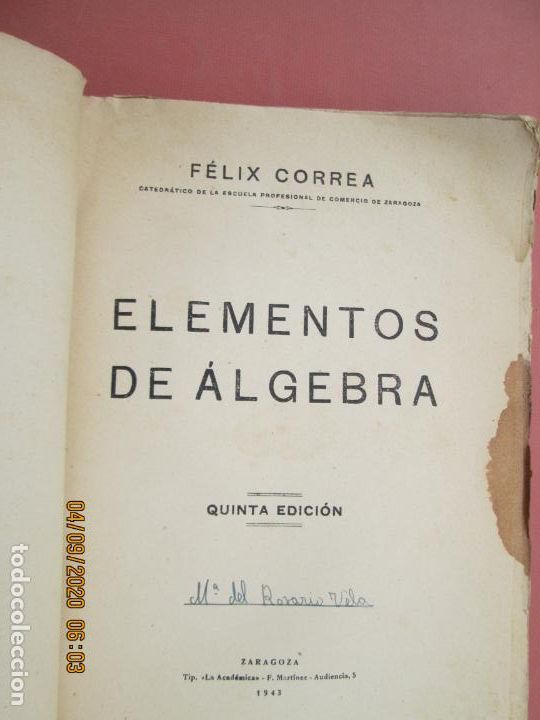 Libros de segunda mano de ciencias: ELEMENTOS DE ALGEBRA - FELIX CORREA -1943 QUINTA EDICION - Foto 3