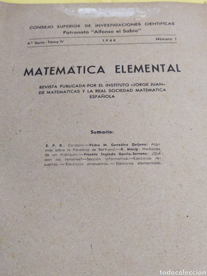 Libros de segunda mano de Ciencias: MATEMATICA ELEMENTAL 4°SERIE TOMO IV NUMERO 1-1944 - Foto 2 - 203038381