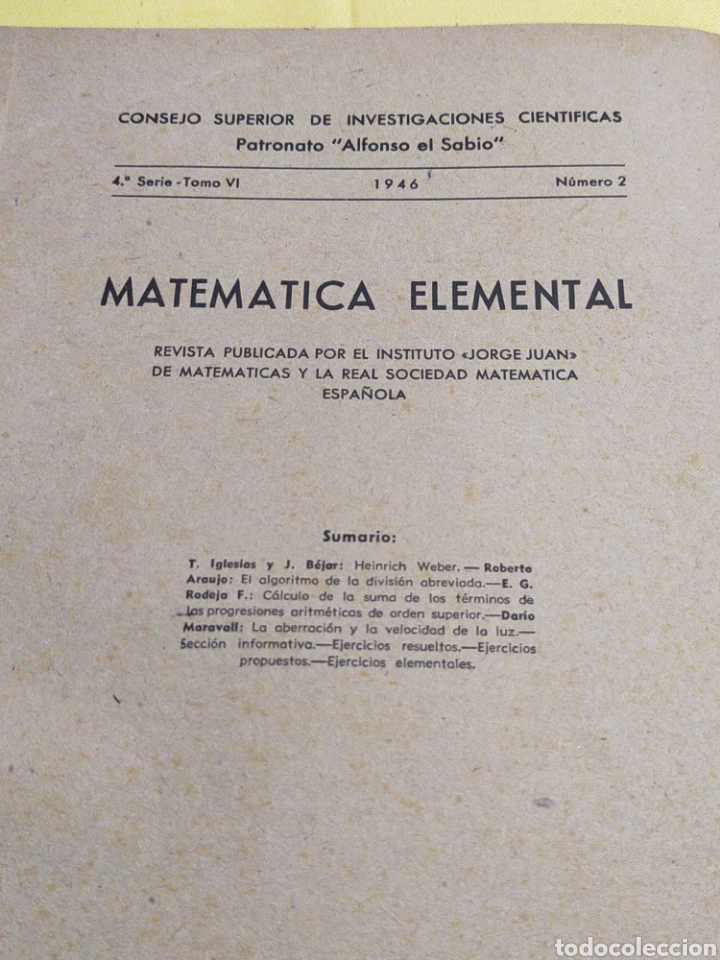 Libros de segunda mano de Ciencias: REVISTA MATEMATICA ELEMENTAL 4°SERIE TOMO VI NUMERO 2-1946 - Foto 2 - 203039380