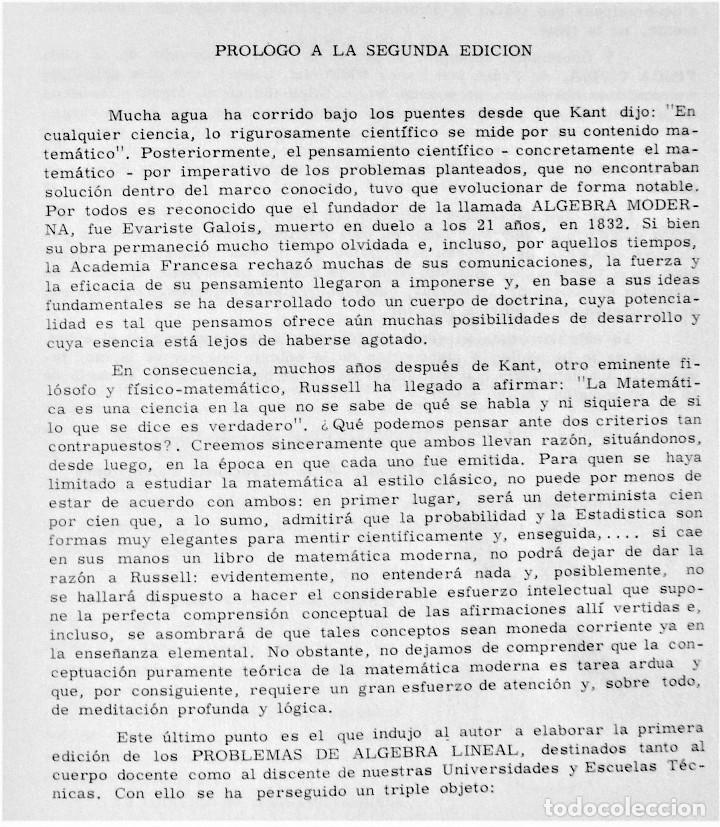 Libros de segunda mano de ciencias: PROBLEMAS DE ALGEBRA LINEAL - TOMO I - E. TEBAR FLORES. - Foto 3