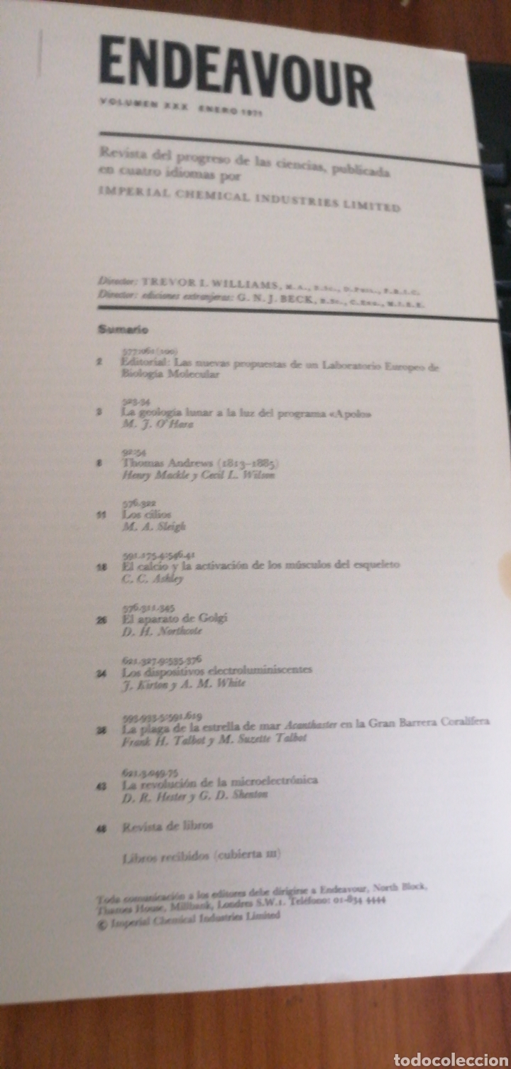 Gebrauchte B&uuml;cher der Wissenschaften: Endeavour 1971 ..Vol XXX Numero 109Revista trimestral Geologia de de la Luna programa Apolo