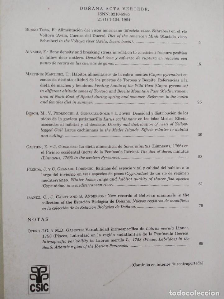 Libros de segunda mano: DO&Ntilde;ANA. ACTA VERTEBRATA. VOL.21-N&ordm;1. JUNIO 1994 - Foto 2