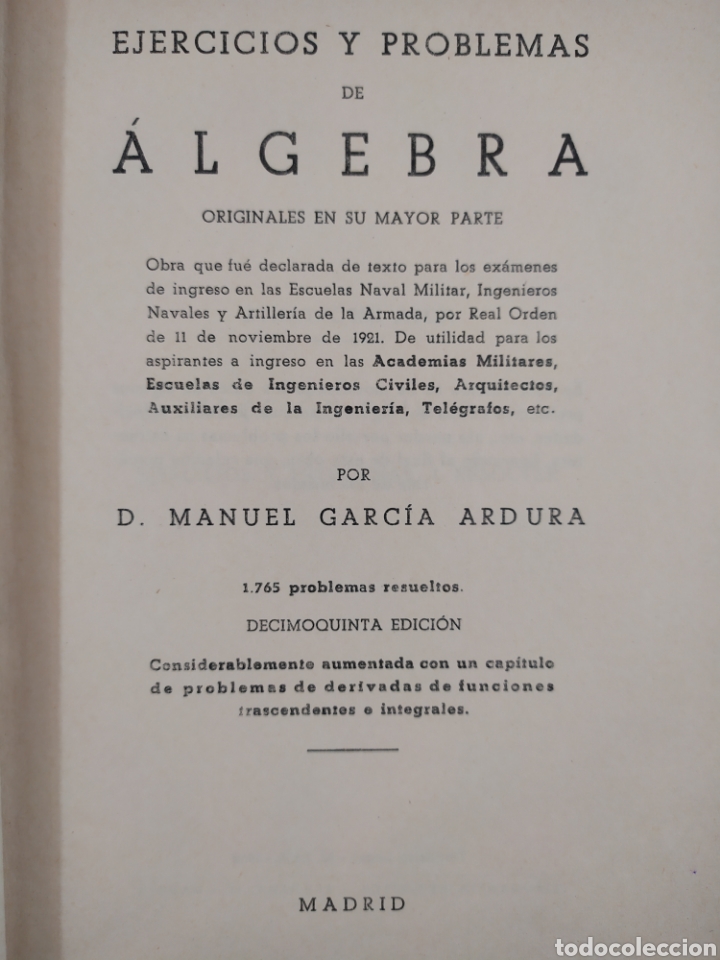Libros de segunda mano de ciencias: EJERCICIOS Y PROBLEMAS DE ALGEBRA / M. GARCIA ARDUA / 1962 - Foto 2