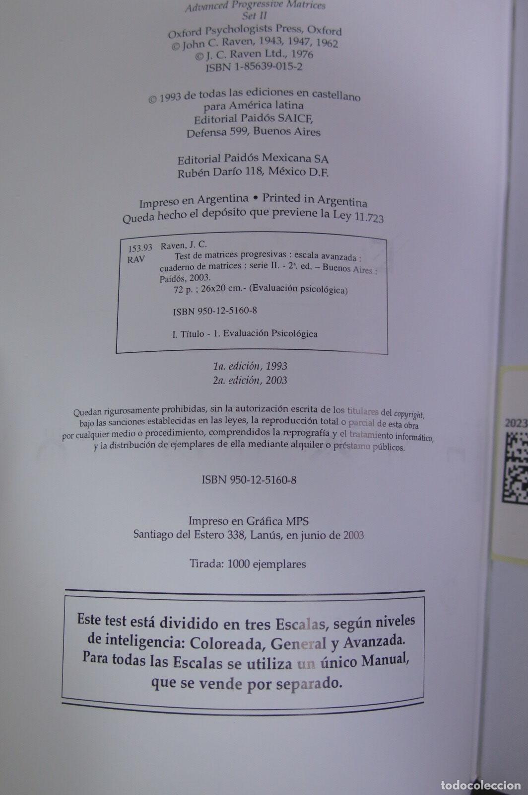 Libros de segunda mano de ciencias: Test de matrices progresivas. John Carlyle Raven - Foto 2
