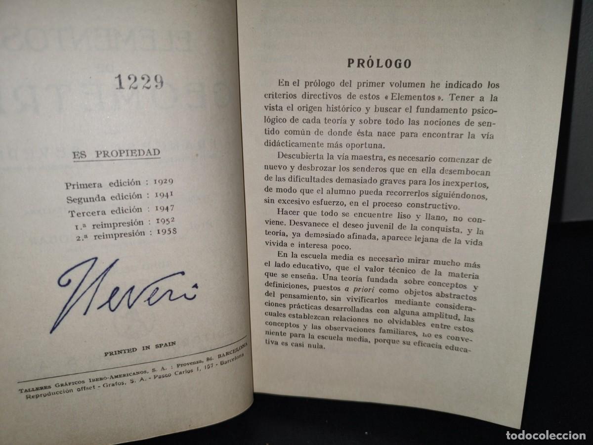 Libros de segunda mano de ciencias: 74- ELEMENTOS DE GEOMETR&Iacute;A. TOMO SEGUNDO - FRANCESCO SEVERI - 1958 - Foto 5