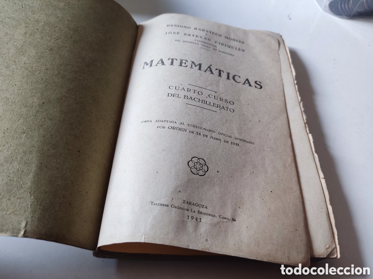 Libros de segunda mano de ciencias: Libro matem&aacute;ticas 4 curso del bachillerato Zaragoza 1941 - Foto 2