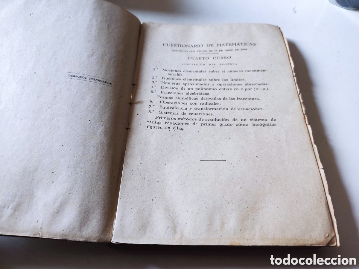 Libros de segunda mano de ciencias: Libro matem&aacute;ticas 4 curso del bachillerato Zaragoza 1941 - Foto 3