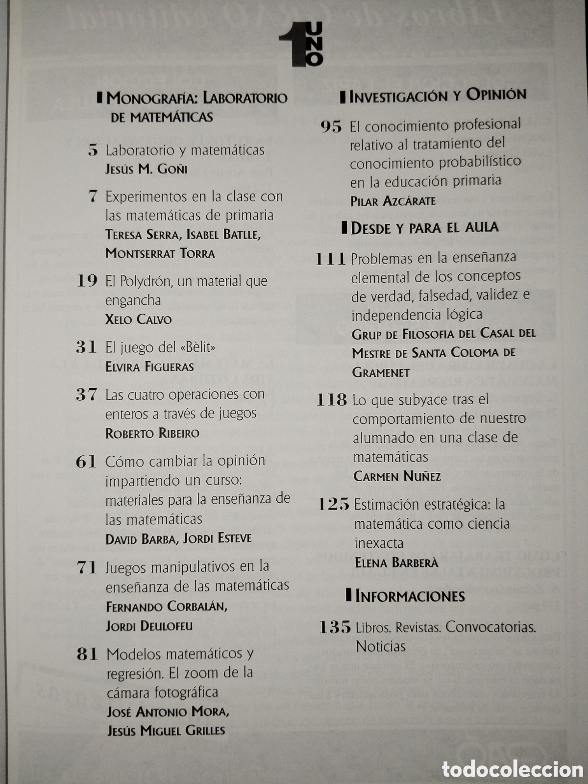 Libros de segunda mano de ciencias: Revista Uno 7. Laboratorio de matem&aacute;ticas. Enero1995 - Foto 2