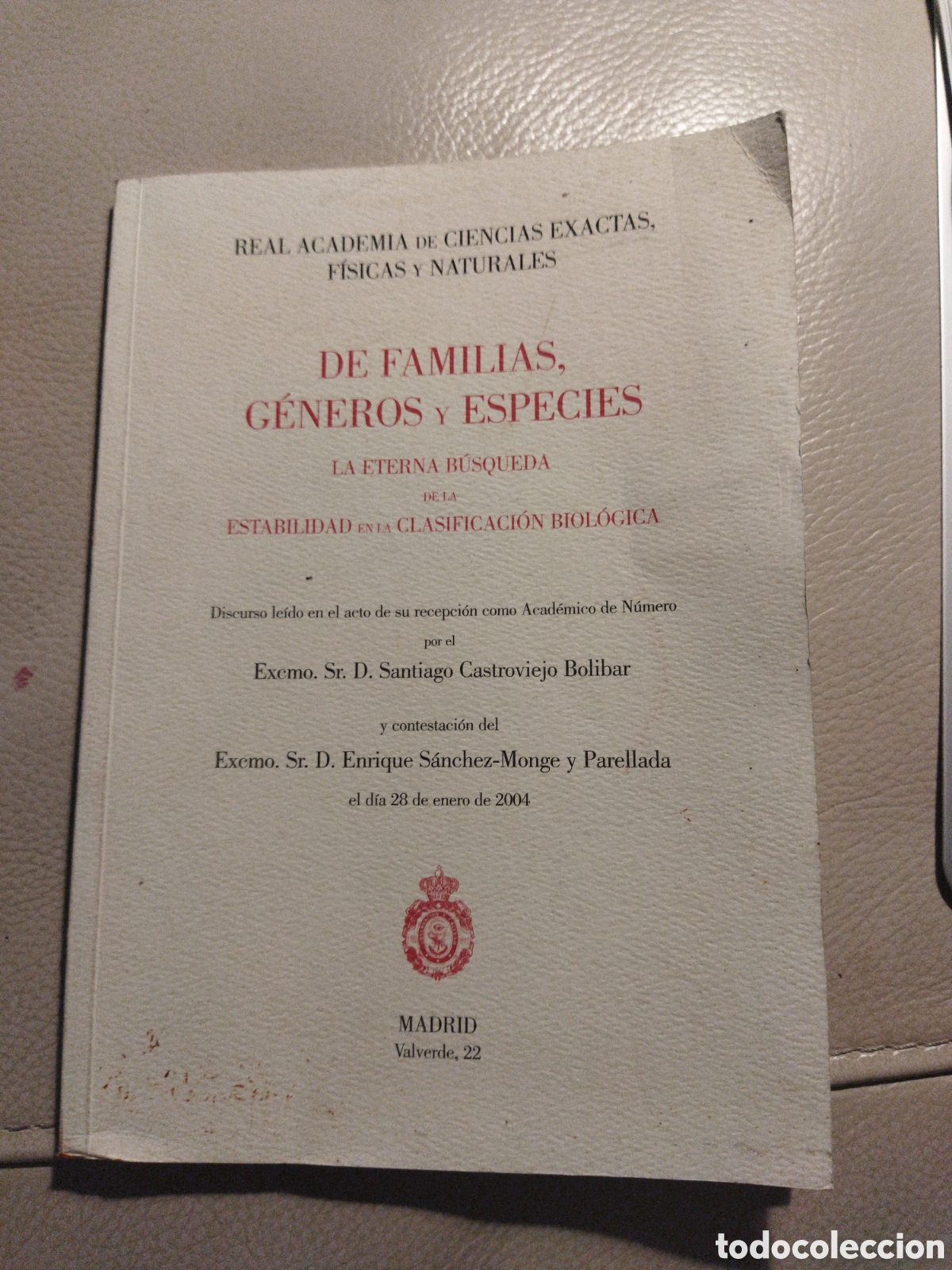 Second hand books: De familias, g&eacute;neros y especies / Bolivar, S. y S&aacute;nchez -Monge y Parellada