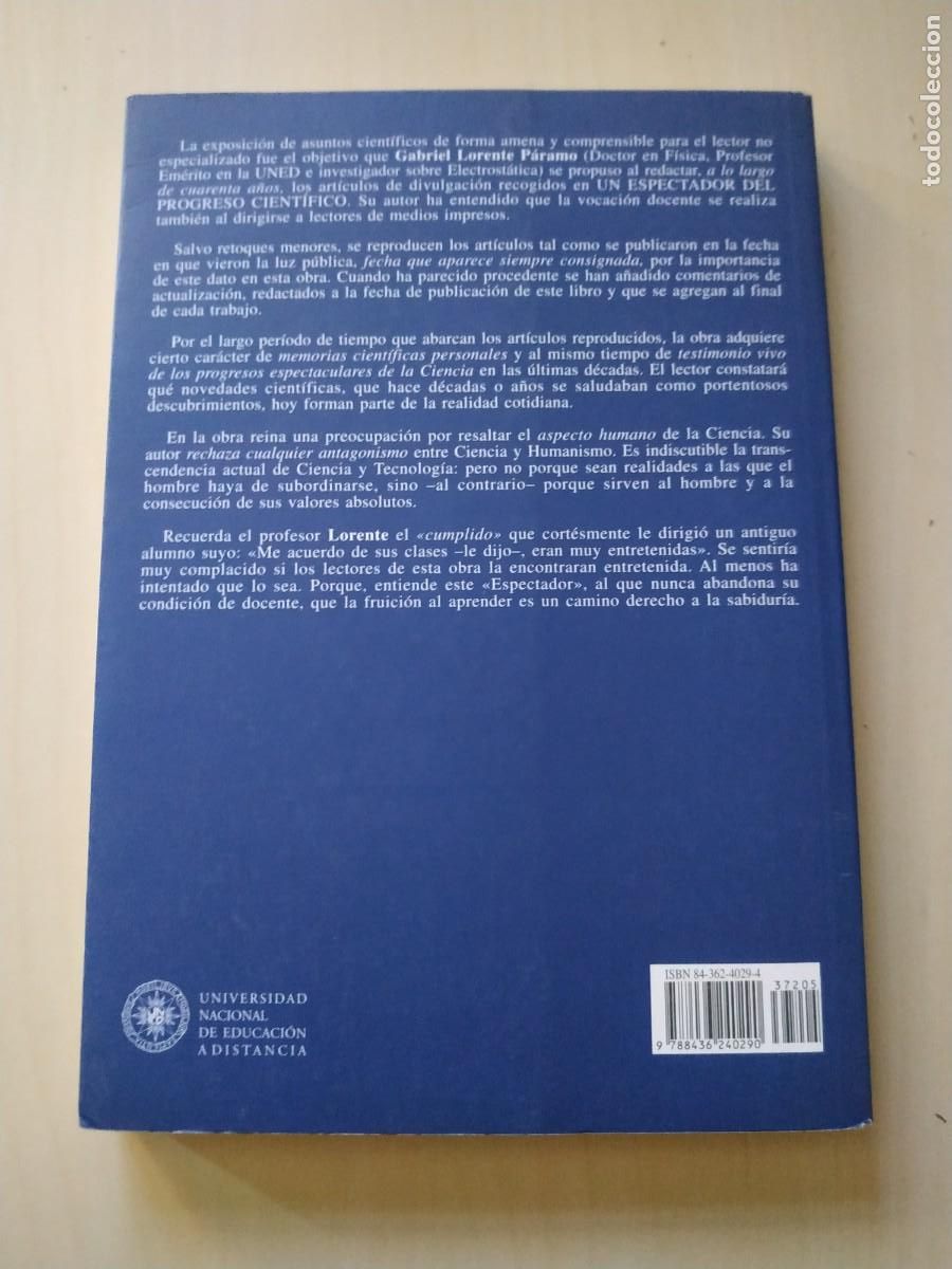 Libros de segunda mano de ciencias: Un espectador del progreso cient&iacute;fico - Gabriel Lorente P&aacute;ramo - Foto 2