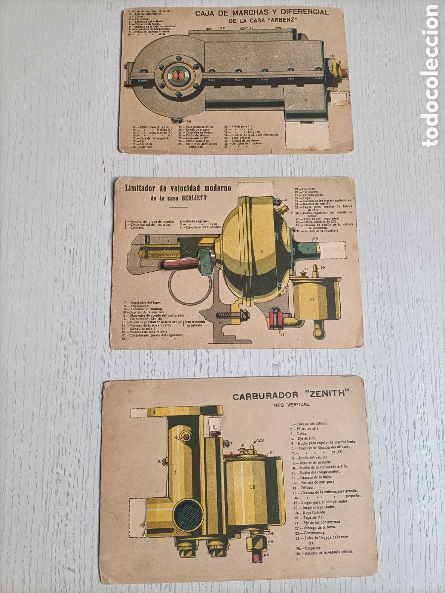 Second hand books of Sciences: Caja de marchas Arbenz. Limitador de velocidad Berliett. Carburador Zenith. 3 fichas