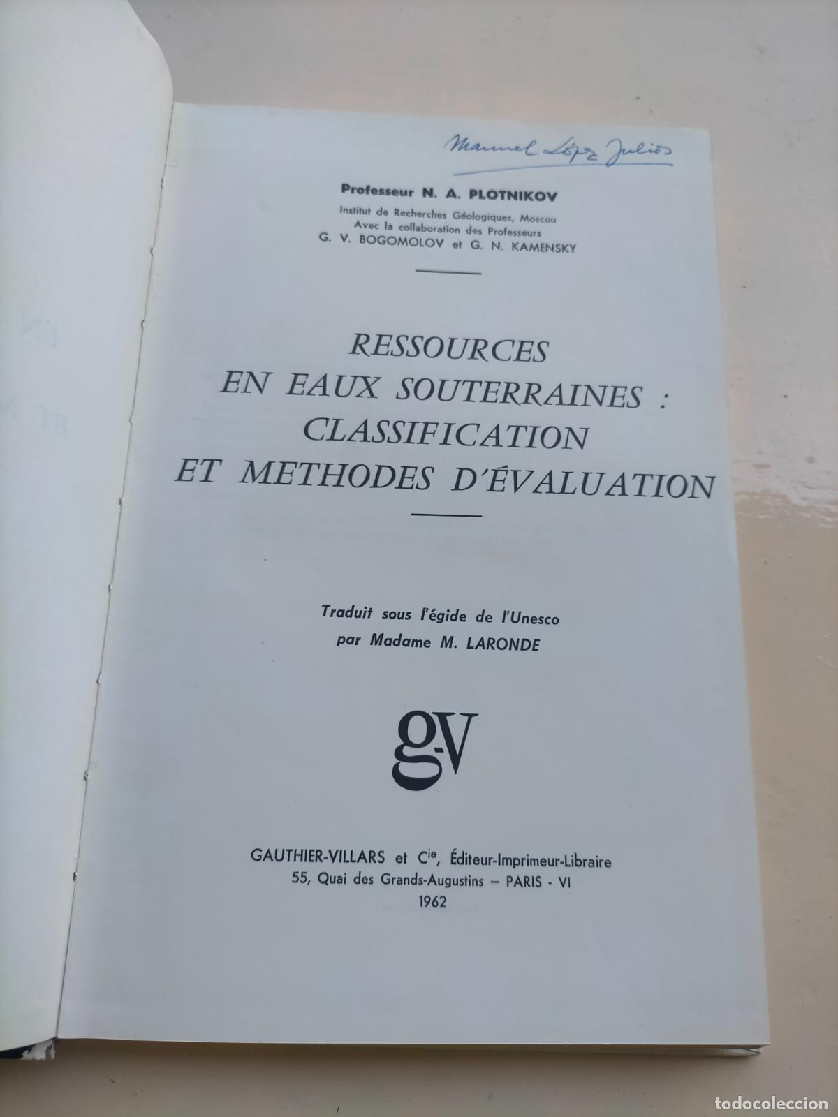 Libros de segunda mano: N.A. Plotnikov ressources en eaux souterraines: classification et m&eacute;thodes d&eacute;valuation Gauthier - Foto 2