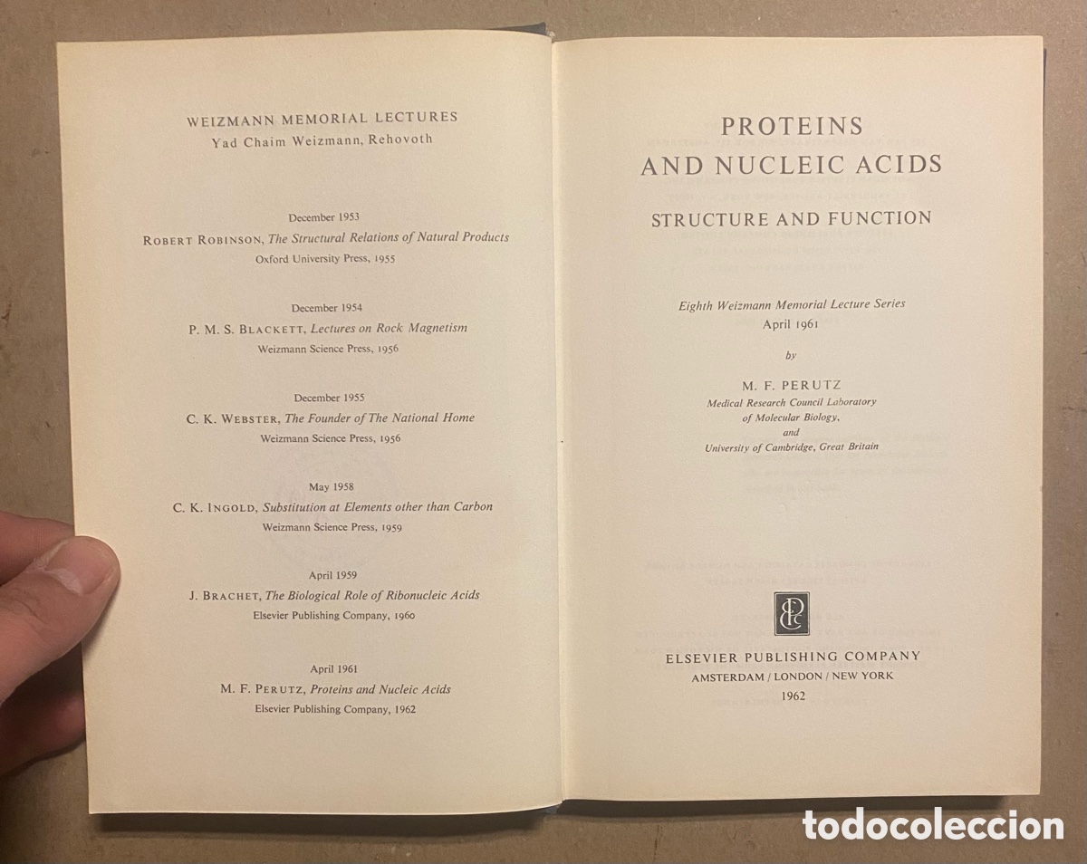 Libros de segunda mano: PROTEIN AND NUCLEIC ACIDS (STRUCTURE AND FUNCTION). M.F. PERUTZ. ELSEVIER PUBLISHING CO. 1962 - Foto 2