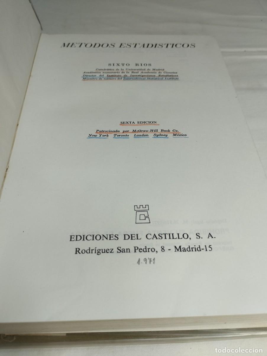 Libros de segunda mano de ciencias: M&eacute;todos estad&iacute;sticos. Sixto R&iacute;os, ediciones del castillo, 1971 - Foto 2