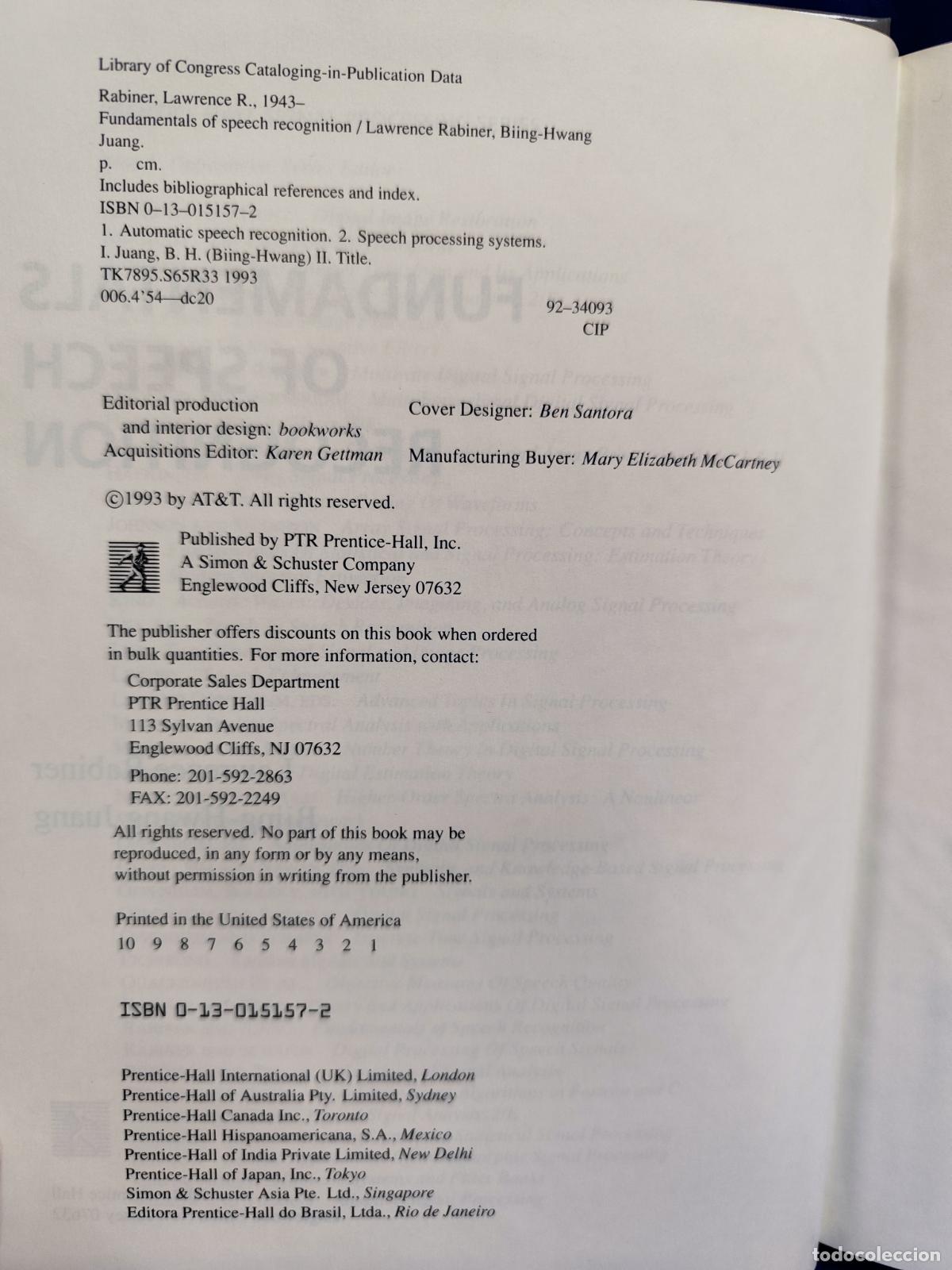 Libros de segunda mano de ciencias: Fundamentals of Speech Recognition - Hardcover - Foto 2