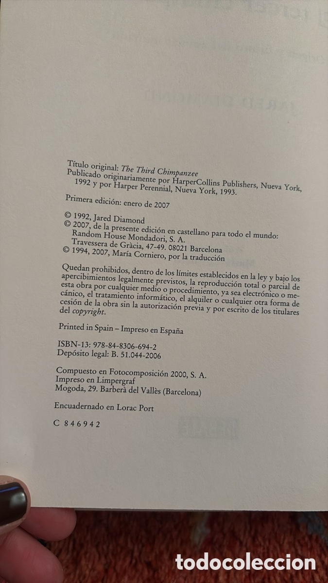 Libros de segunda mano: El tercer chimpanc&eacute; . Jared Diamond. Ed. Debate - Foto 4