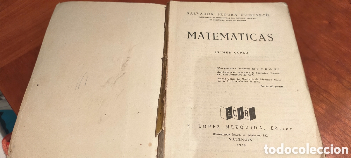 Libros de segunda mano de ciencias: Libro MATEM&Aacute;TICAS 1&deg; S SEGURA 1959 - Foto 2