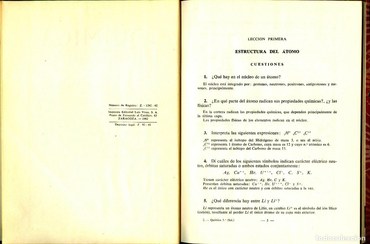 Libros de segunda mano de ciencias: Qu&iacute;mica. Quinto Curso. Clave de los ejercicios. 1962. Edelvives. - Foto 4