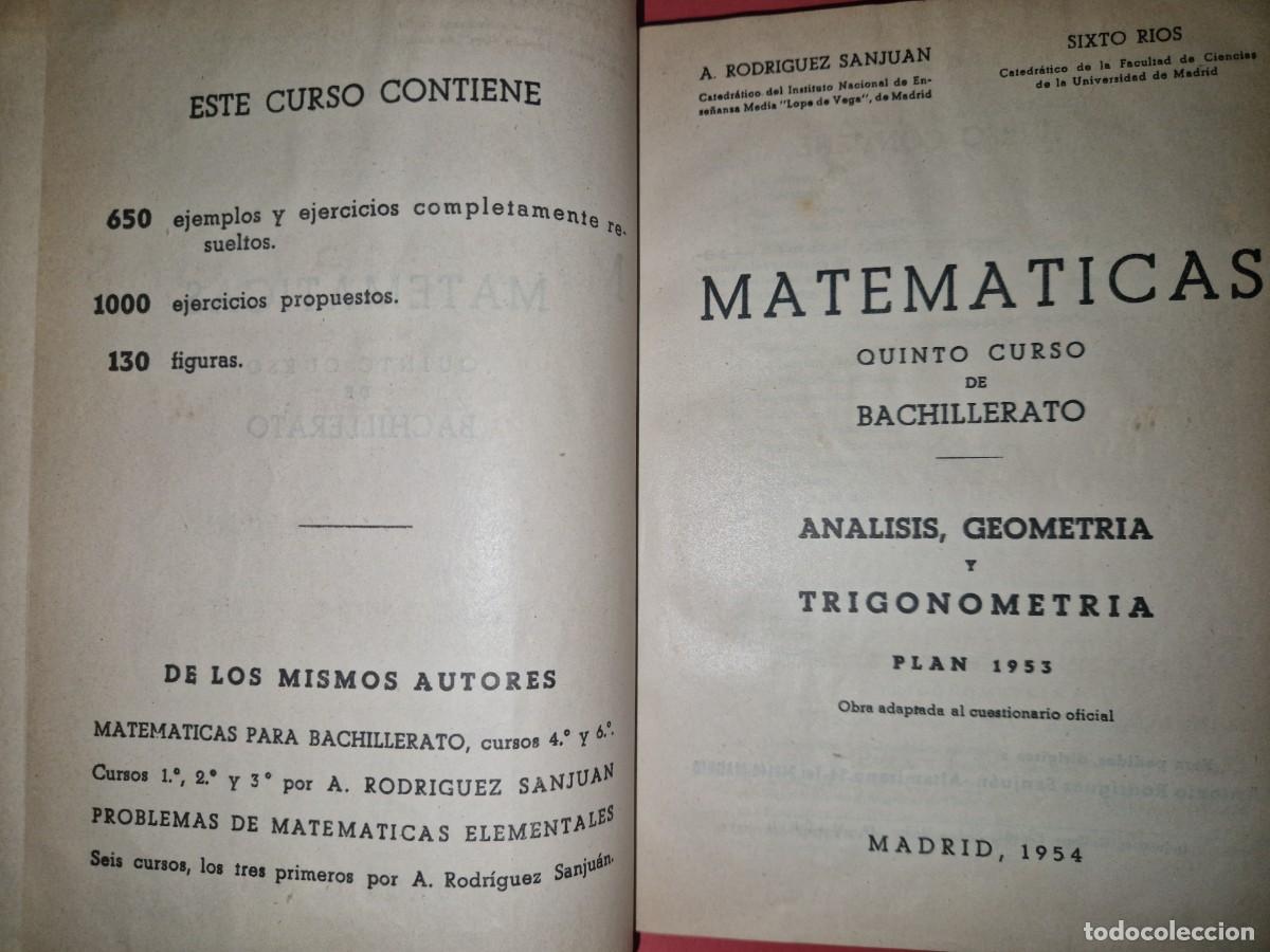 Libri di seconda mano: MATEMATICAS. QUINTO CURSO BACHILLERATO. ANALISIS, GEOMETRIA, TRIGONOMETRIA Y ESTADISTICA. PLAN 1956