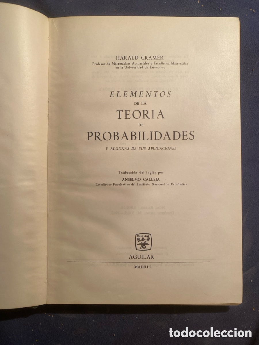 Libros de segunda mano de ciencias: CRAMER: - ELEMENTOS DE LA TEORIA DE LAS PROBABILIDADES - (AGUILAR, 1963) - Foto 2