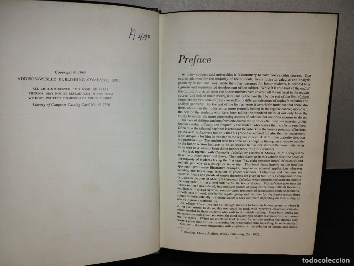 Libros de segunda mano de ciencias: 216- Calculus With Analytics Geometry. A First Course - Murray H. Protter, Charles B. Morrey - 1963 - Foto 6